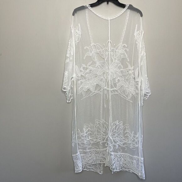 CUPSHE Cover-Up Womens O/S Ivory Sheer Embroidered Lace Tie-Front Wide Sleeves - Picture 6 of 11